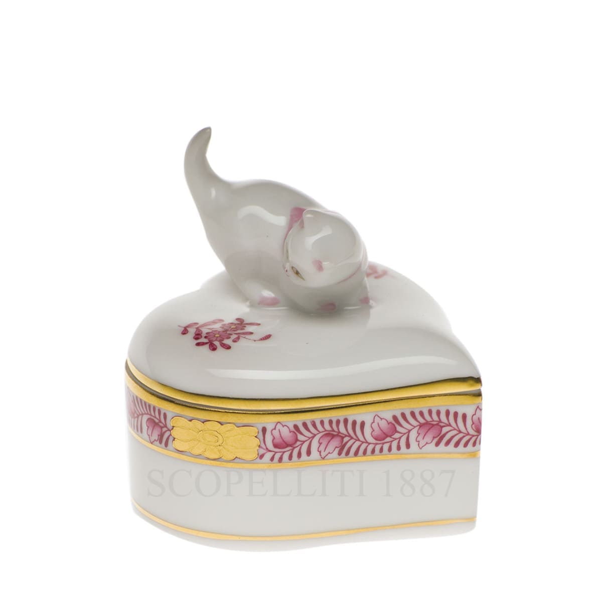 herend handpainted porcelain heart box with cat pink