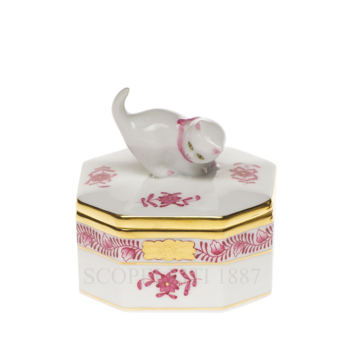 herend handpainted porcelain octagonal box with cat pink