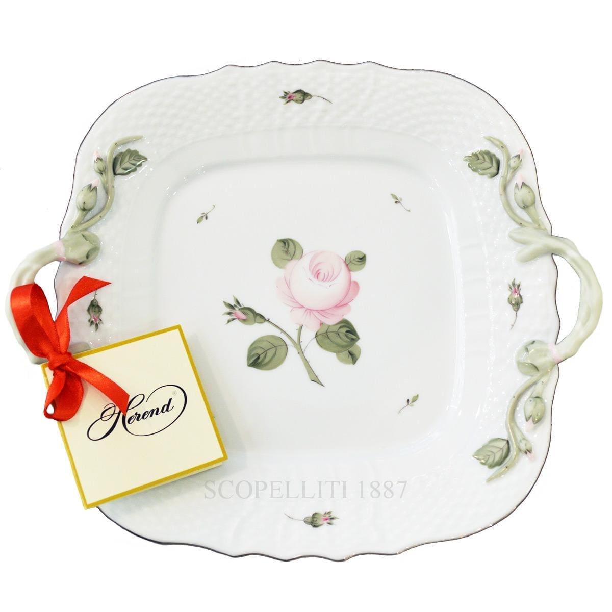 herend handpainted porcelain viennese rose platinum square cake plate green
