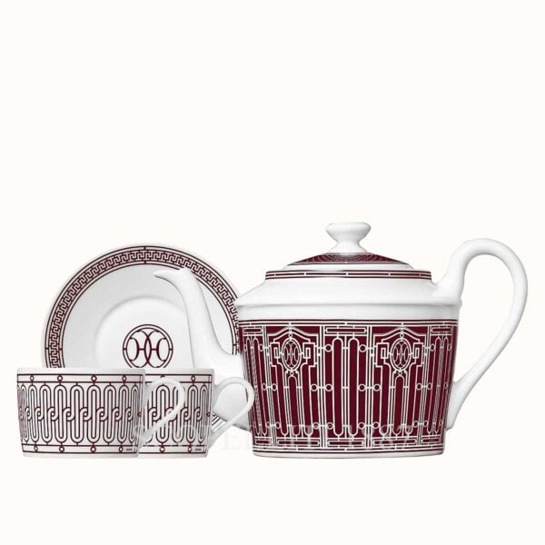 hermes h deco rouge gift set of a teapot 6 persons and 2 tea cups and saucers