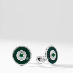 heritage white gold emerald and green guilloche enamel round cufflinks